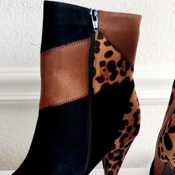 Comfort Black Brown Animal Patchwork Print Ankle Pointed Toe Bootie Boots New - Picture 7 of 10